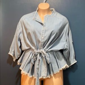 Distressed denim shirt with belt